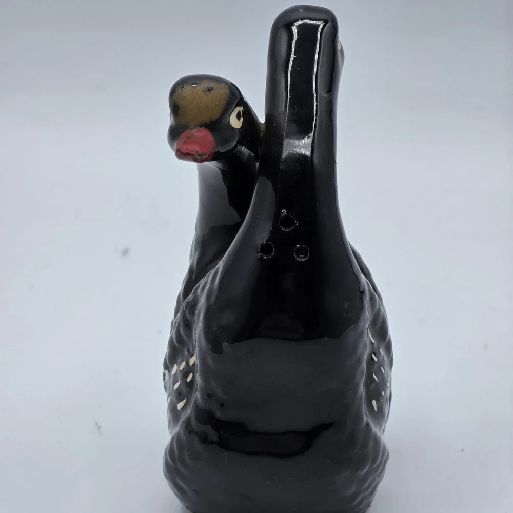 Black‎ Swan Double Salt Pepper Shaker Ceramic Figural Hand Painted with Corks